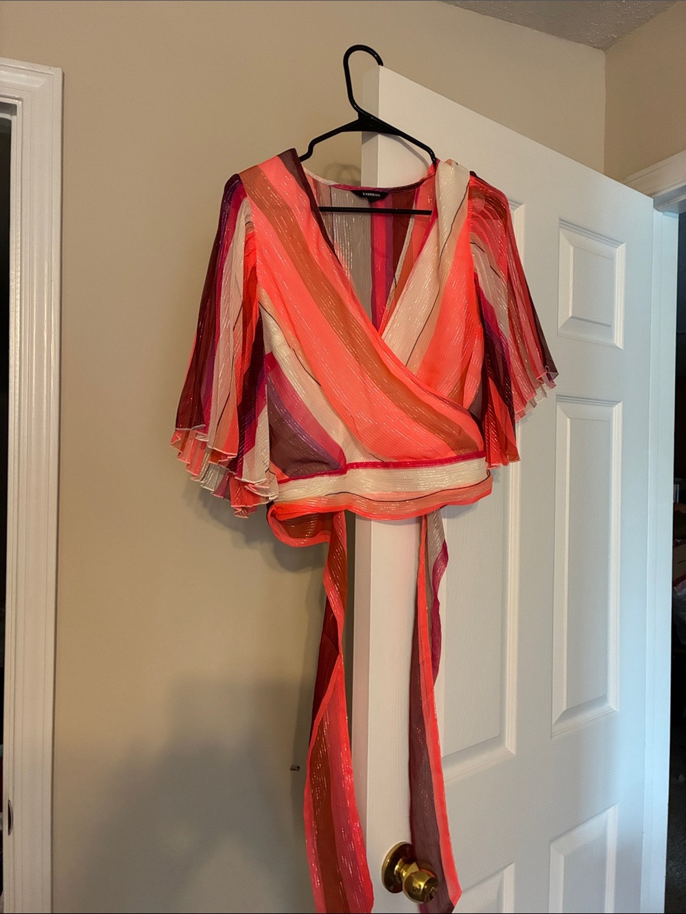 Express Women's Multi-Stripe Wrap Crop Top in Coral, Pink, Cream